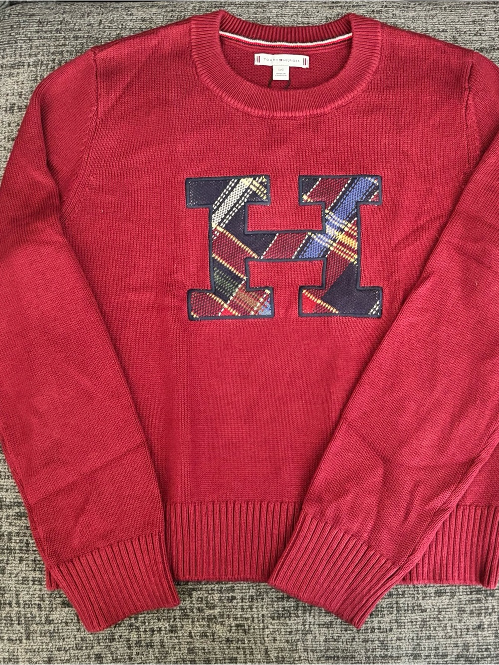 Tommy Hilfiger Burgundy Knit Crewneck Sweater with Plaid Patch